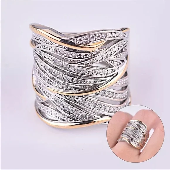 New Women’s Two Tone 925 Silver Diamond Ring - Picture 2 of 6